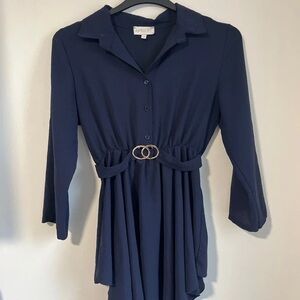 APRICOT Deep Blue Long Sleeve Dress with Belt